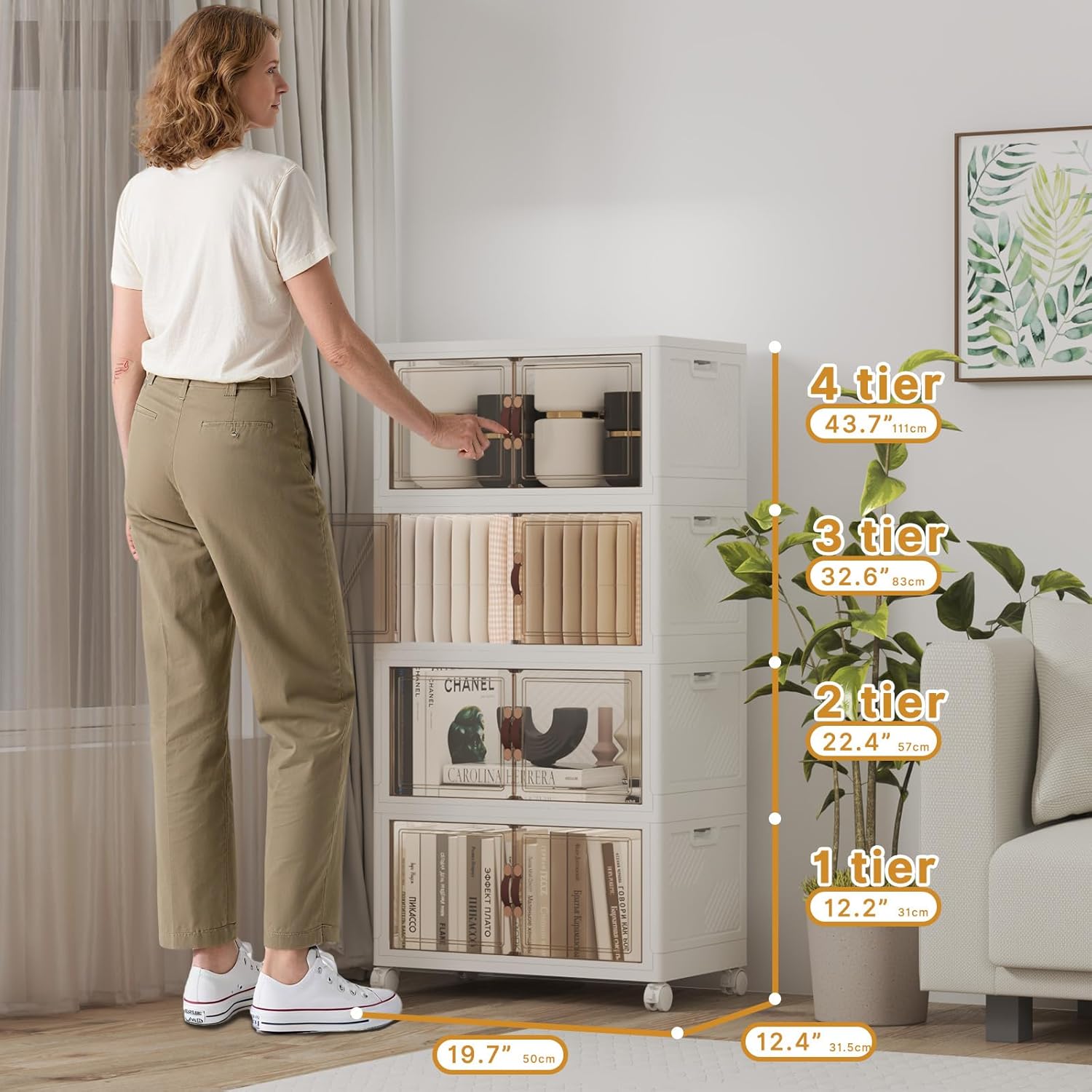 Extra Large Stackable Storage Bins with Lids & Wheels, Foldable Collapsible Closet Organizers Storage Cabinet with Doors for Bedroom Dorm (White, 220QT-55QT/14GAL*4Pack)