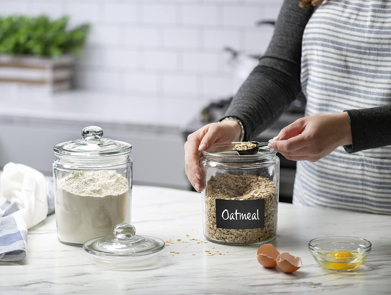 1 Gallon Glass Cookie Jars + Labels & Marker - Set of 2 Canister Sets for Kitchen Counter with Airtight Lids, Sugar Packet Holders Food Storage Containers with Lids Airtight for Pantry, Flour, Sugar.