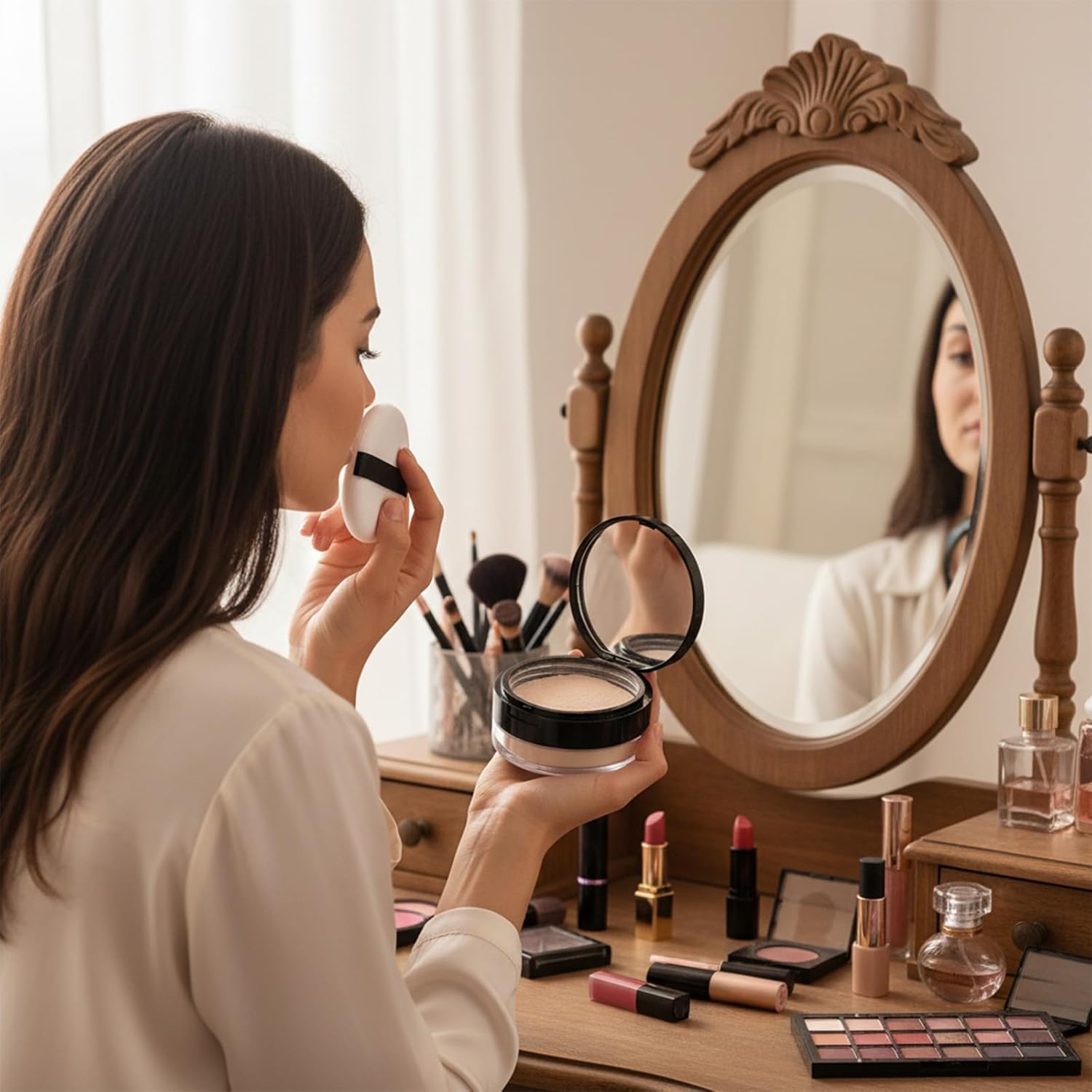 20g (0.7 oz) No Leaks Empty Reusable Plastic Loose Powder Container, Portable DIY Makeup Powder Container Compact Case Plastic Cosmetic Jars with Sponge Powders Puff Elasticated Net Sifter (Black)