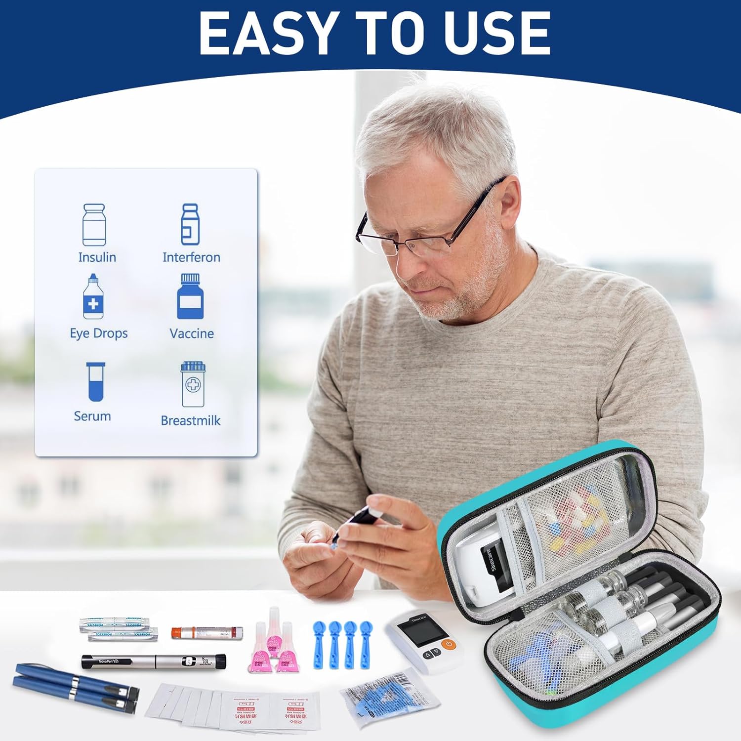 Insulin Cooler Travel Case, Portable Temperature Display Medicine Travel Cooler, Diabetes Case with 2 Reusable Ice Packs TSA Approved for Diabetic Supplies Patent Pending(Seafoam-No Temp)