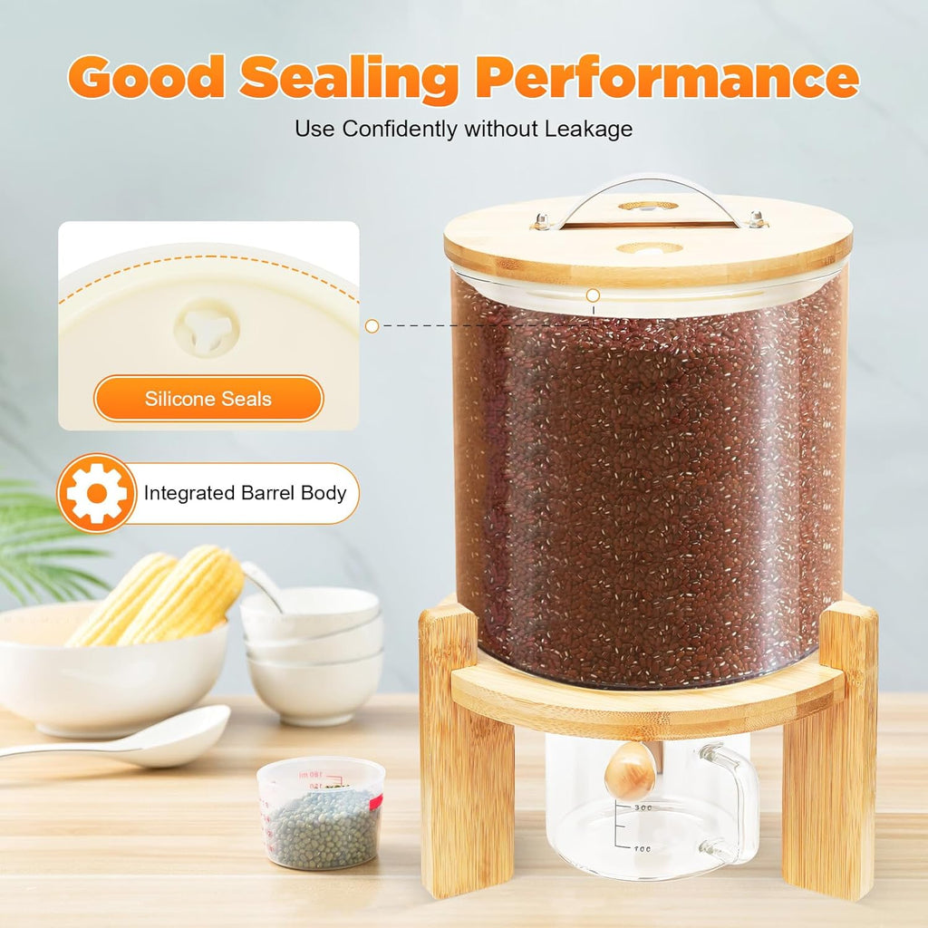 1.32gal Glass Rice Dispenser with Wooden Stand Flour and Cereal Container with Glass Measuring Cup Pantry Food Organization Storage Bin with Airtight Bamboo Lid for Coffee Beans Dry Food