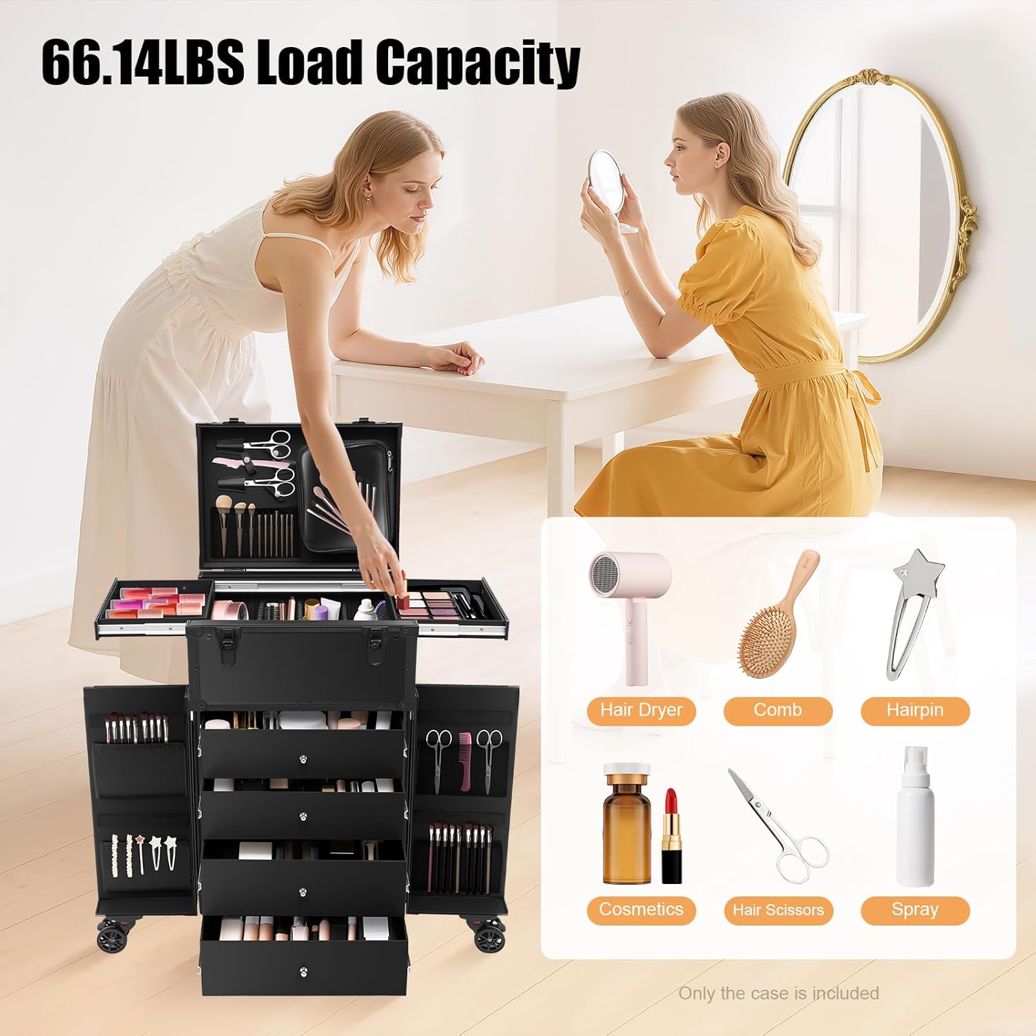 Cosmetic Train Case,Makeup Organizer Travel Case with Multiple Compartments,Rolling Makeup Case,Professional Makeup Casewith Wheels for Make-up Artists,66Lbs Load-Bearing (Black-6 Wheels)