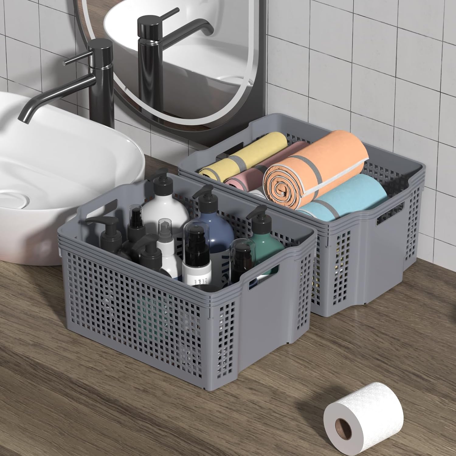 12-Pack Large Plastic Storage Baskets, Deep Stacking Storage Basket Bin, Open Cupboard Basket for Pantry, Grey