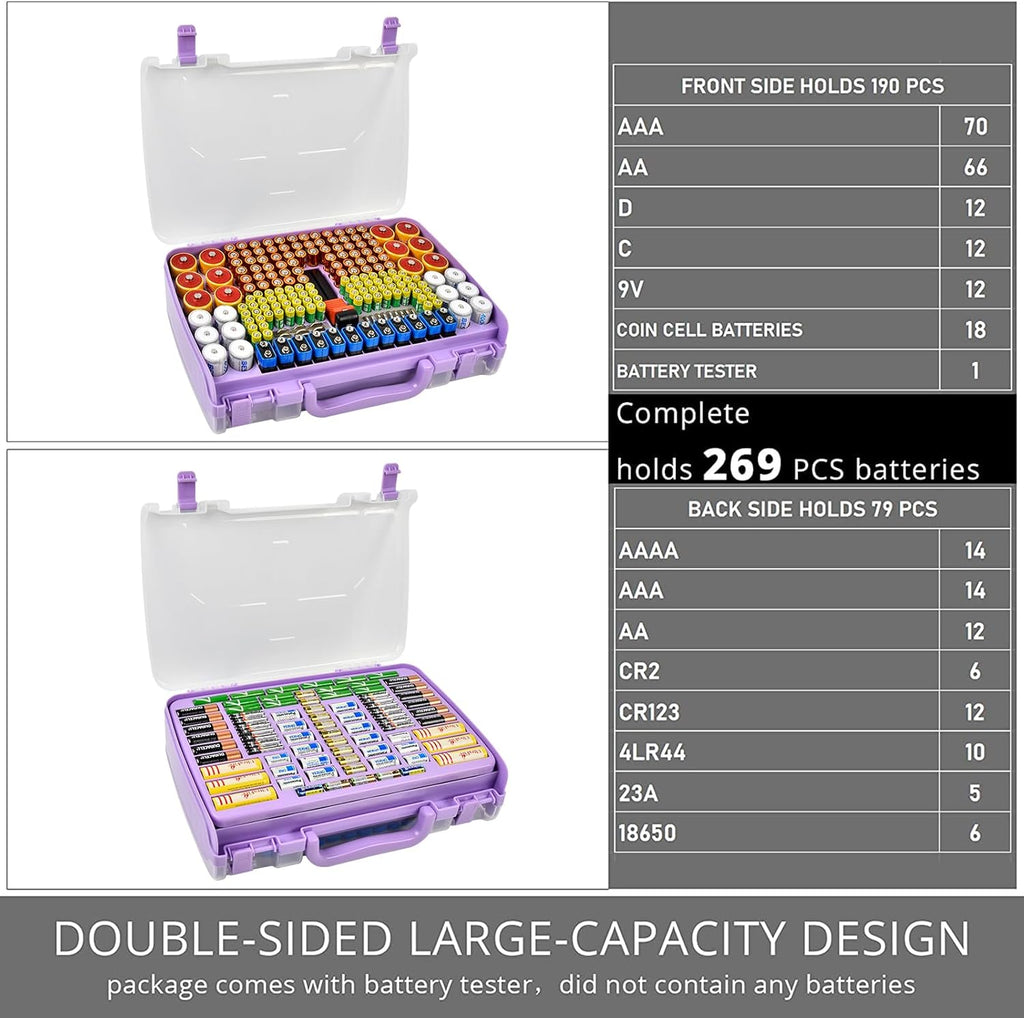 Battery Organizer Storage Holder Box Case with Tester- 269 Batteries Double-Sided Variety Pack, Holds AA AAA 4A C D Cell 9V 3V Lithium LR44 CR2 CR123 CR1632 18650 Button- Purple (Box Only)