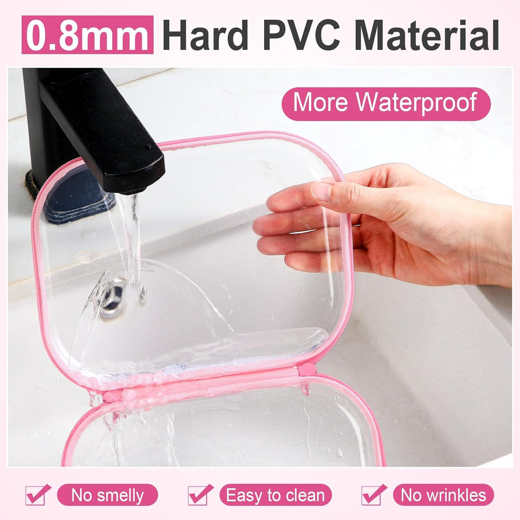 Sanwuta 6 Pcs Clear Hard Zipper Case Hard Plastic Zipper Pouches Transparent Makeup Bag Pencil Pouches for Travel Snacks Christmas Trinket Storage Organizer Box(Pink,7.87 x 5.9 x 2 Inch)