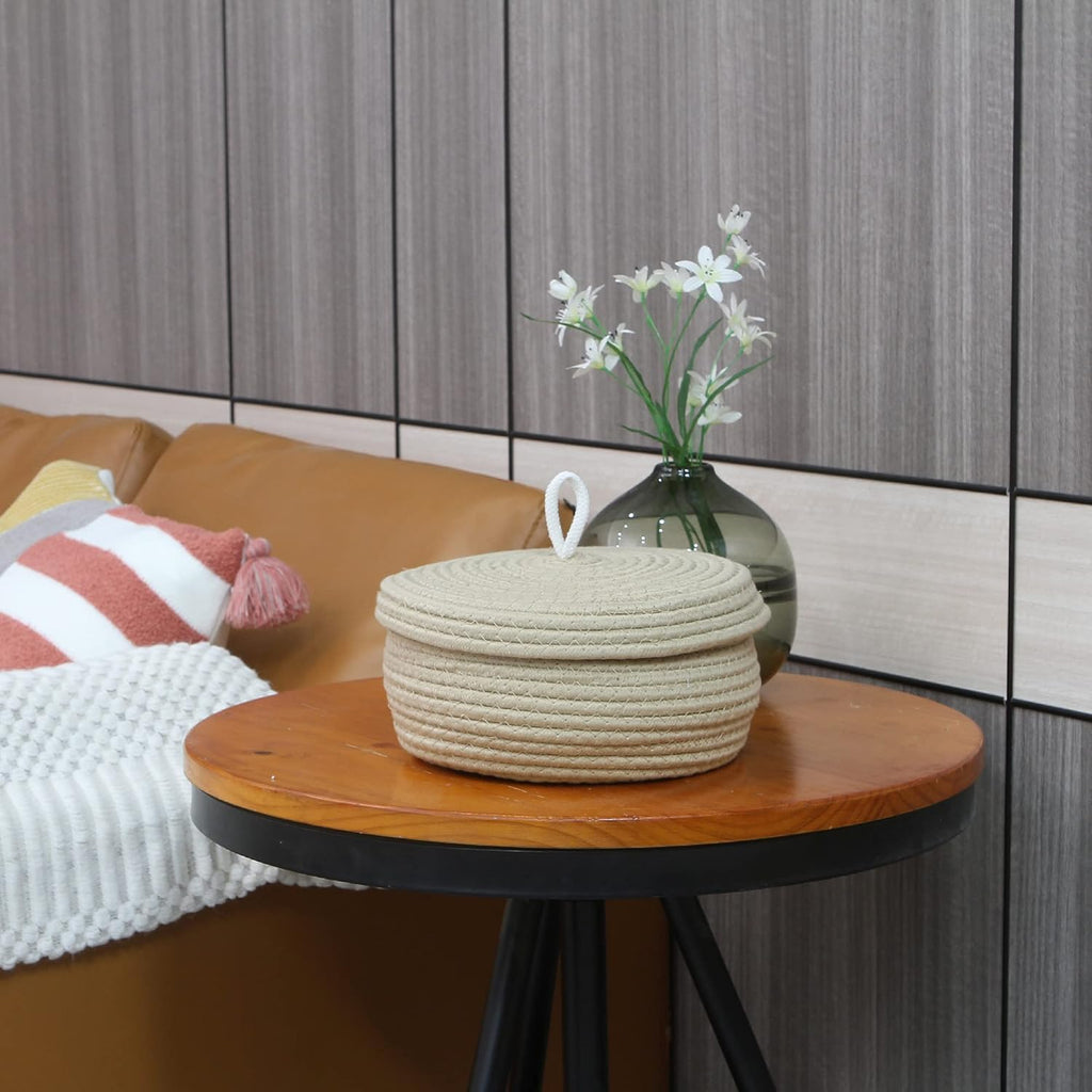 Sea Team Round Cotton Rope Storage Basket with Lid, Decorative Woven Storage Bin, Pot, Caddy, Organizer, Container for Snacks, Towels, Plants, 10 x 4.5 Inches (Small, Shallow, Khaki)