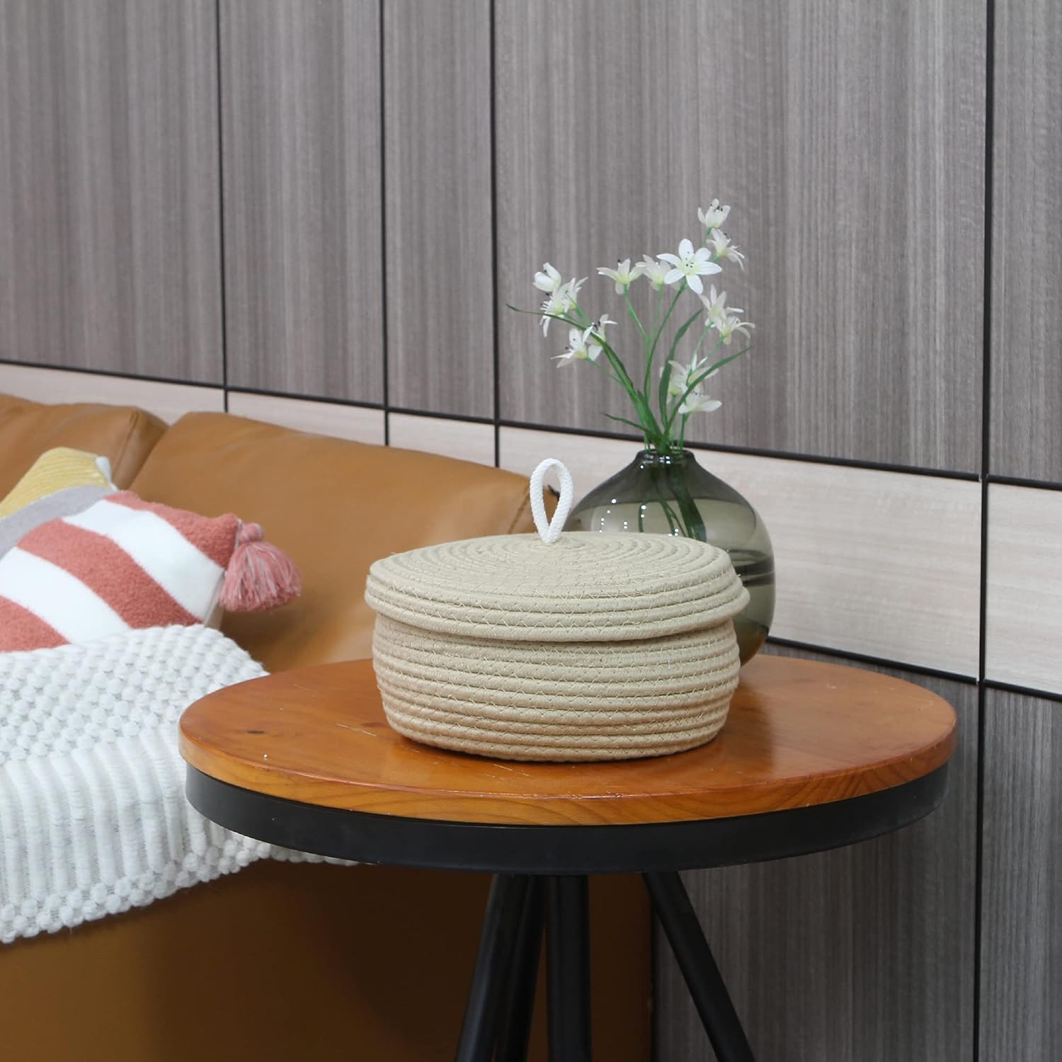 Sea Team Round Cotton Rope Storage Basket with Lid, Decorative Woven Storage Bin, Pot, Caddy, Organizer, Container for Snacks, Towels, Plants, 10 x 4.5 Inches (Small, Shallow, Khaki)