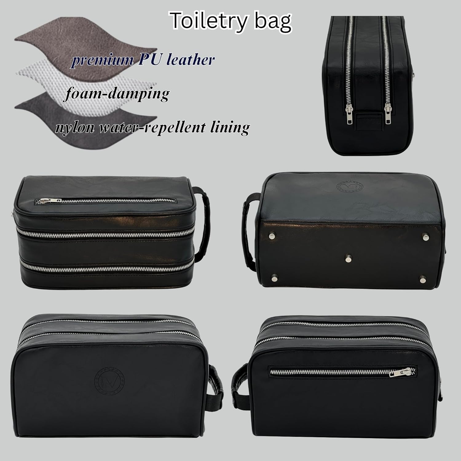 Dopp Gift Large Travel Toiletry Bag Premium Quality PU Leather Two compartments YKK Zippers Water-resistant Bottom Studs Mesh Pockets Durable Cosmetic Organizer BLACK