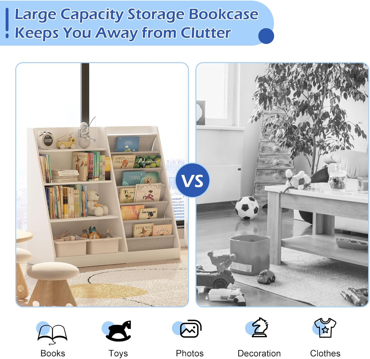 White Kids Bookshelf Wood Toy Storage Organizer Cabinet Children Bookcase Toddler Baby Sling Book Rack Adjustable Shelf for Playroom Bedroom Nursery Hallway School Kindergarten