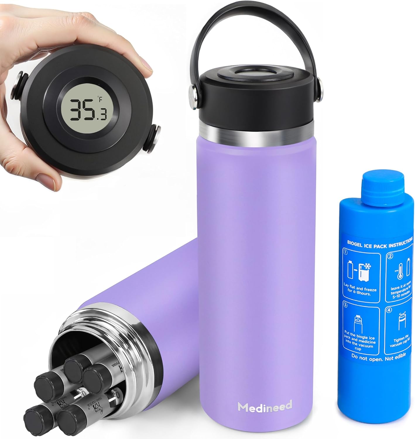 Insulin Cooler Travel Case Tsa Approved, 3-5 Pens Medicine Travel Cooler Temp Display, Diabetes Case with Reusable Ice Pack, Refrigerated Medication Organizer for Diabetic Supplies (Purple)