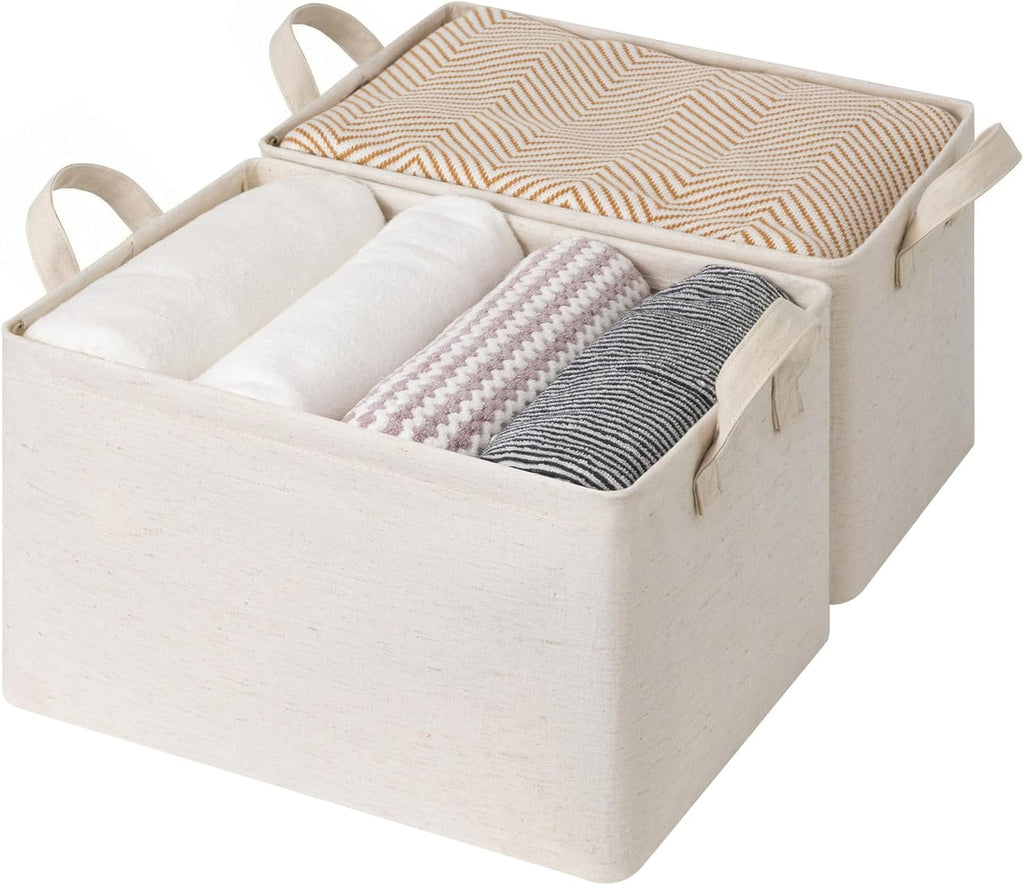 StorageWorks Storage Bins, Shelves Baskets for Organizing, Large Fabric Closet Organizers with Handles, Metal Frame, Beige（Cotton-linen）, 2-Pack