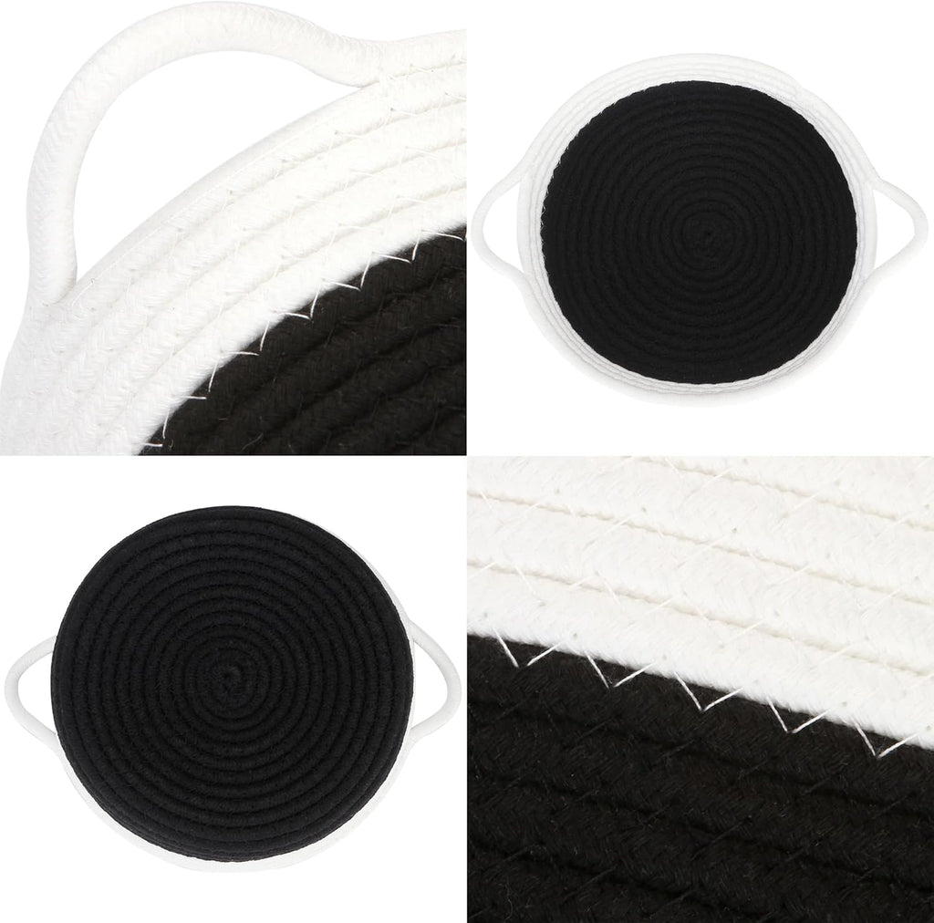 Sea Team 2-Pack Cotton Rope Baskets, 10 x 3 Inches Small Woven Storage Basket, Fabric Tray, Bowl, Round Open Dish for Fruits, Jewelry, Keys, Sewing Kits (Black & White)