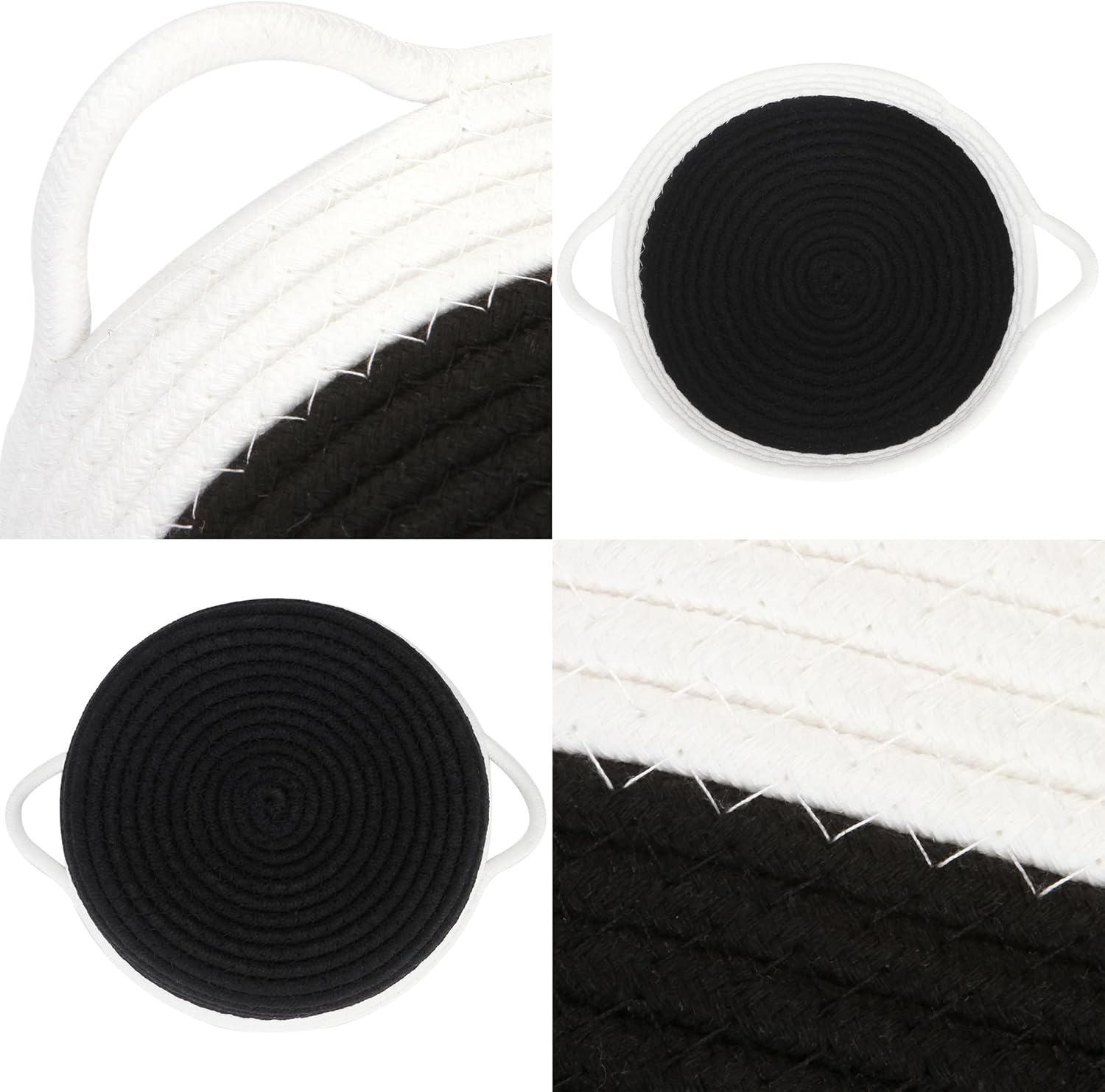 Sea Team 2-Pack Cotton Rope Baskets, 10 x 3 Inches Small Woven Storage Basket, Fabric Tray, Bowl, Round Open Dish for Fruits, Jewelry, Keys, Sewing Kits (Black & White)