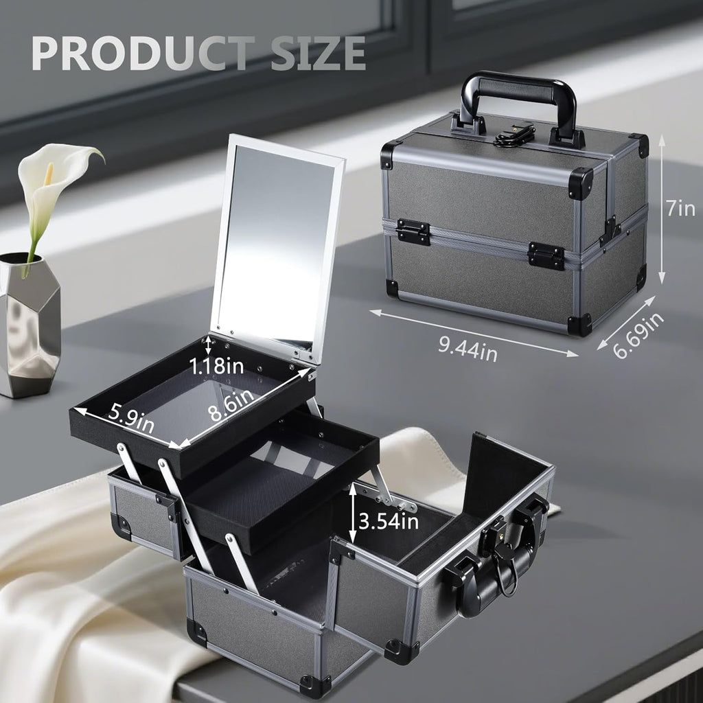 Joligrace Makeup Train Case Makeup Case Organizer Portable Cosmetic Box Storage with 2 Trays Mirror Locking with Keys Make Up Travel Case Nail Kits Traveling Makeup Box Iron Grey