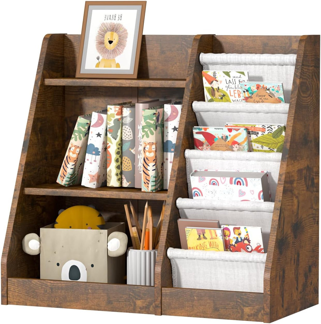 Kids Bookshelf for Bedroom Toddler Children Baby Bookcase 3-Tier for Nursery Book Toy Storage Organizer 4 Sling Adjustable Display Shelf Book Rack Wood Classroom Playroom Rustic Brown
