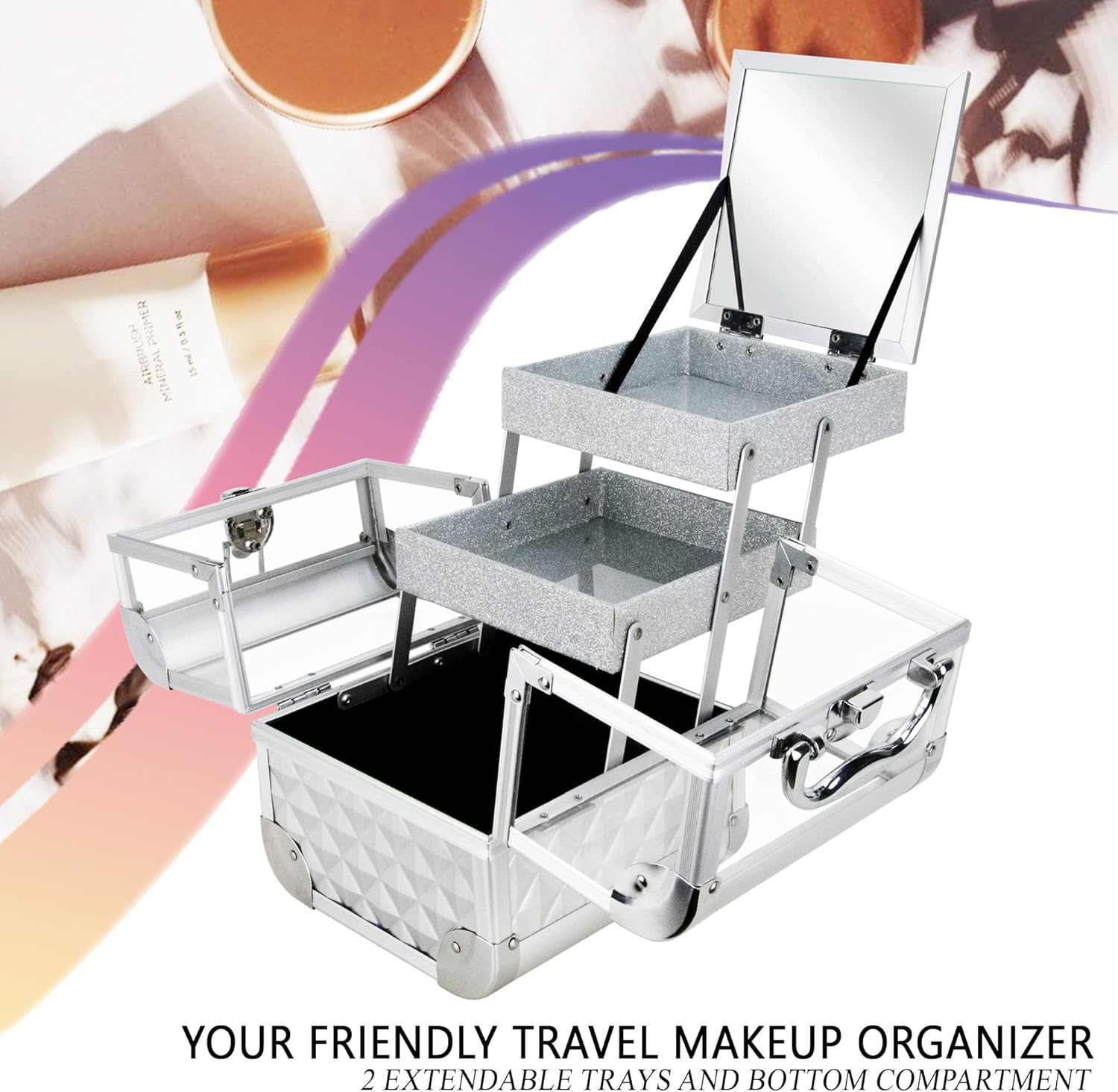 Ver Beauty Makeup Box Cosmetic Train Case with Clear Armored Acrylic Jewelry Organizer with 2 Tiers Trays and Mirror Lockable Portable Travel Cosmetic Display Aluminum Case (Silver Diamond)