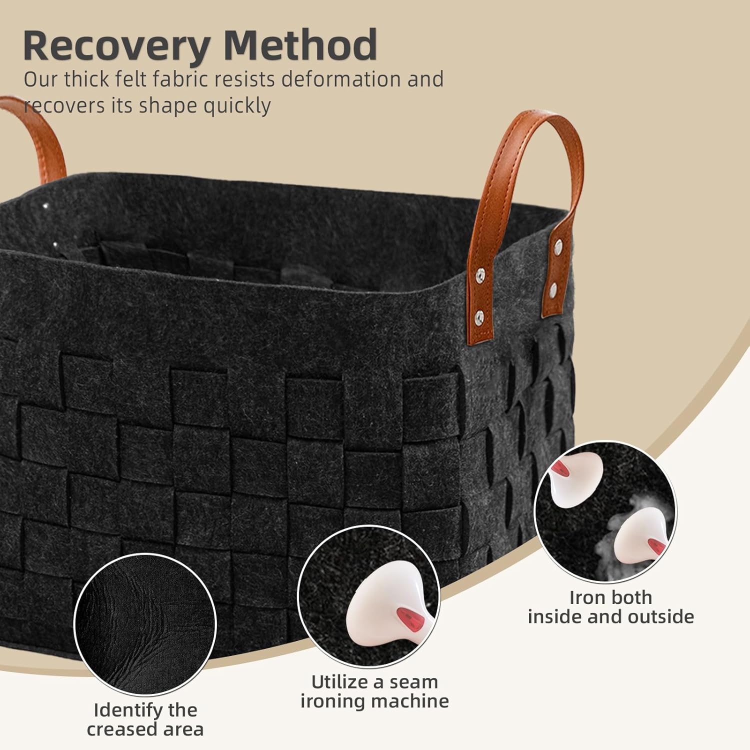 boldmonkey Laundry Basket 16.5 " x13 x13 , Large Rectangular Blanket Basket with Leather Handle, Felt Storage Basket for Living Room, Nursery, Dog Toys-Dark Gray