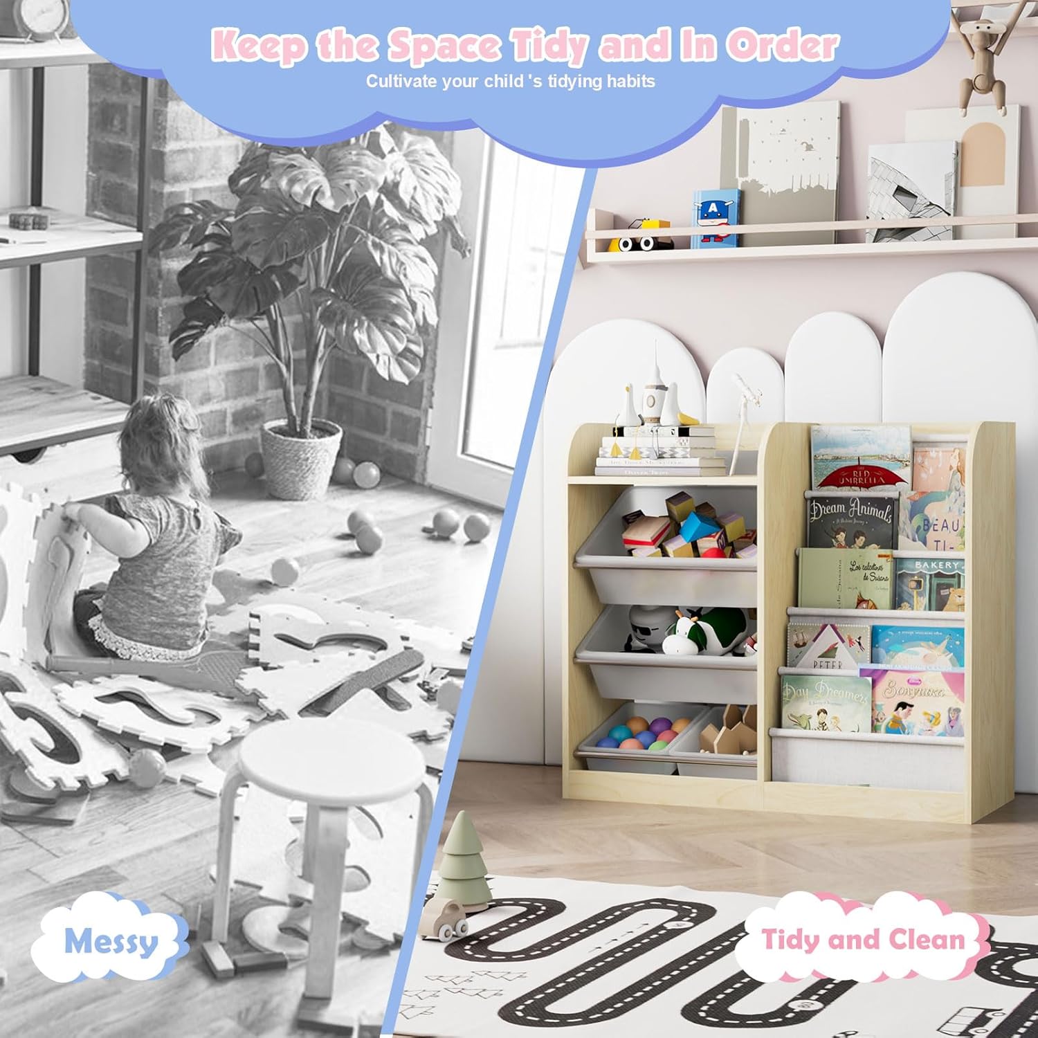 Natural Kids Wood Bookshelf Toy Storage Box Organizer Shelf W/4 Removable Plastic Toy Bins Children Bookcase Toddler Baby Sling Book Rack Cabinet Chest Girl Boy Gift Playroom Classroom Bedroom Nursery