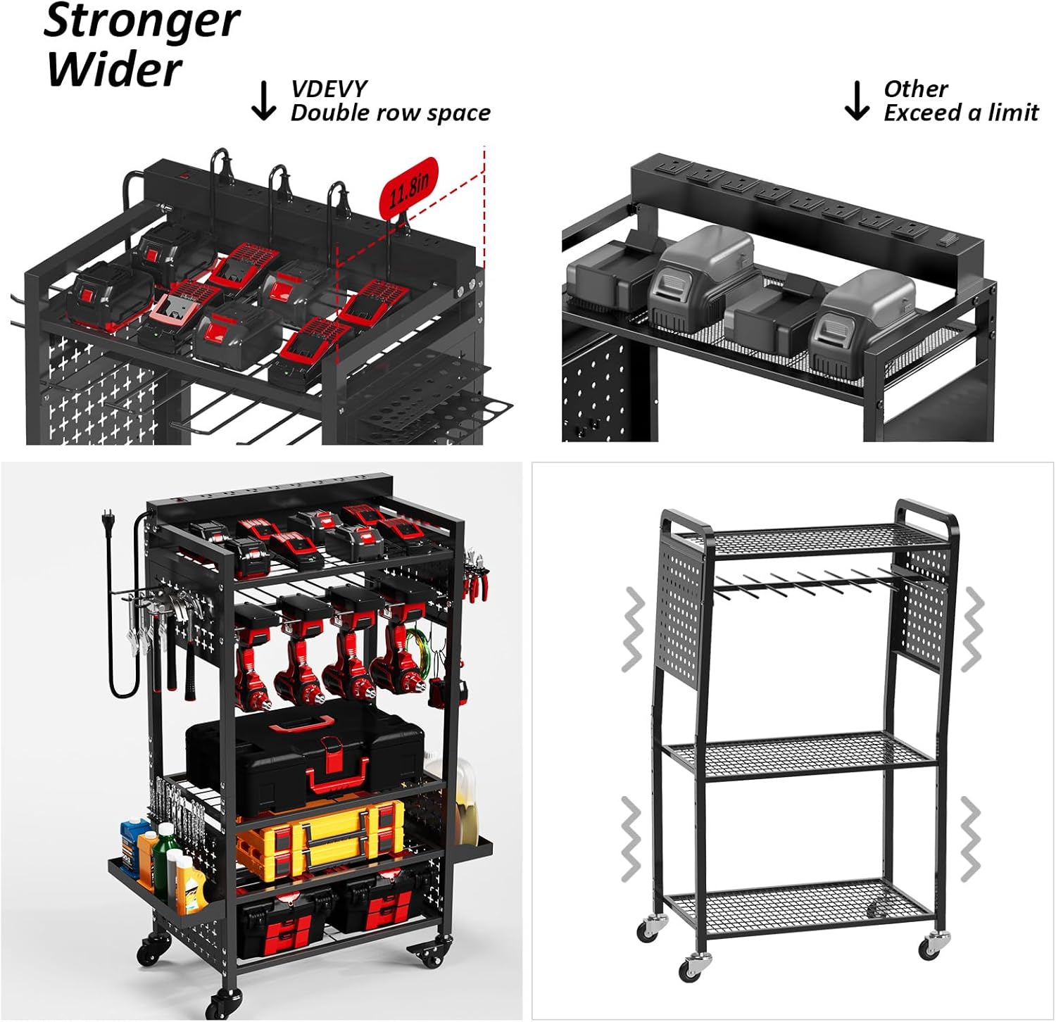 Power Tool Organizer Cart with 8 Charger Ports & Adjustable Storage, Garage Workshop Utility Cart for Mechanic, Birthday Gift Ideas for Men