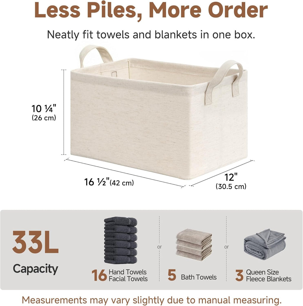 StorageWorks Storage Bins, Shelves Baskets for Organizing, Large Fabric Closet Organizers with Handles, Metal Frame, Beige（Cotton-linen）, 2-Pack