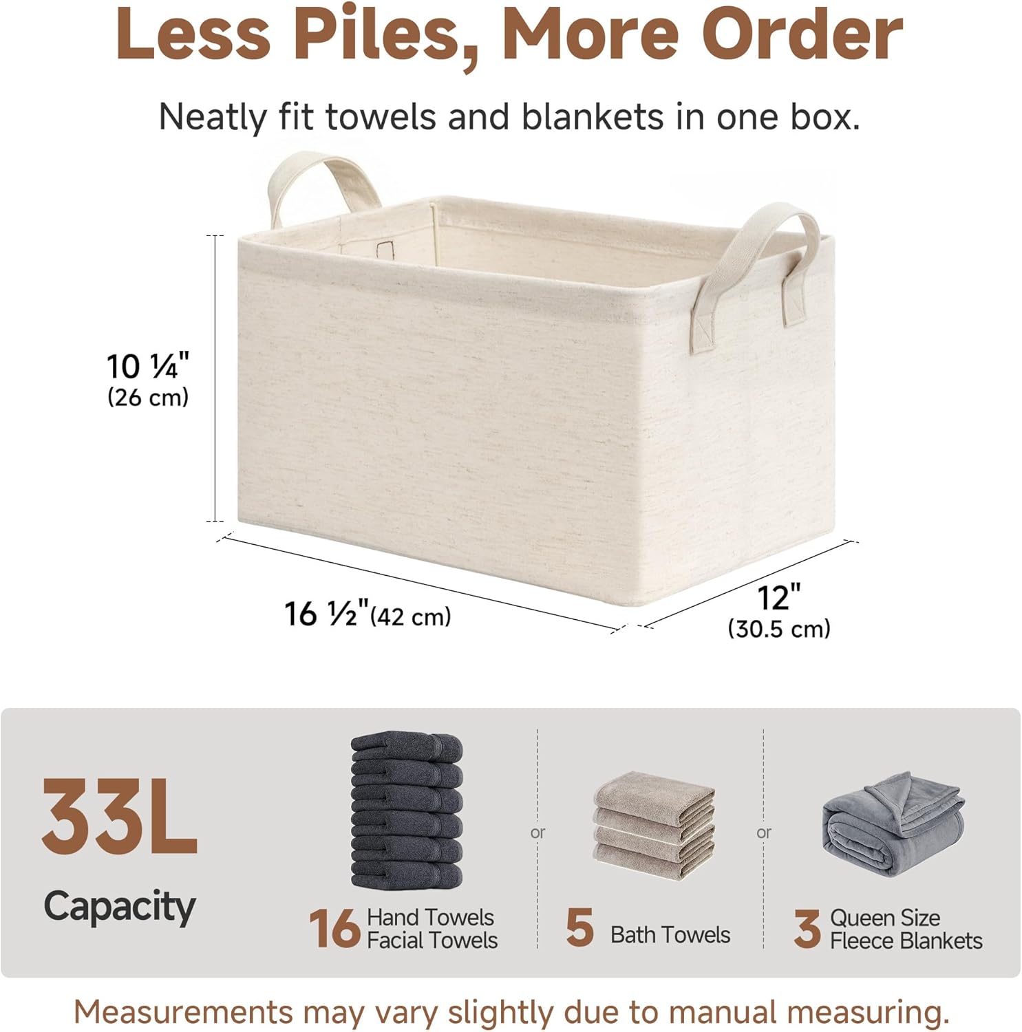 StorageWorks Storage Bins, Shelves Baskets for Organizing, Large Fabric Closet Organizers with Handles, Metal Frame, Beige（Cotton-linen）, 2-Pack