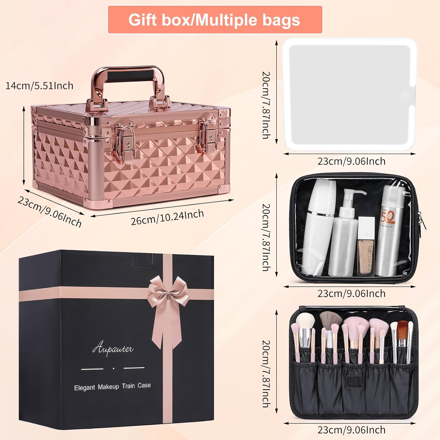 Makeup Box with Led Mirror,Travel Train Hard Case with Rechargeable Mirror Adjustable Dividers,Cosmetic Organizer Storage Bag for Makeup Artist,Appropriate Gift for Women Girls,Sparkling Rose Gold