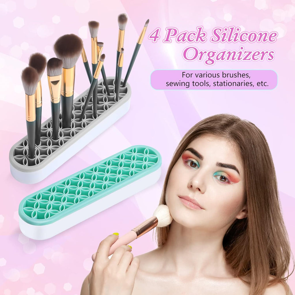 Frienda 4 Pcs Silicone Makeup Brush Holder Stand Multipurpose Cosmetic Travel Storage Box Painting Pen Brush Organizer Desktop Makeup Brush Drying Rack for Brush, Eyeliner Pencil Art (Multicolored)