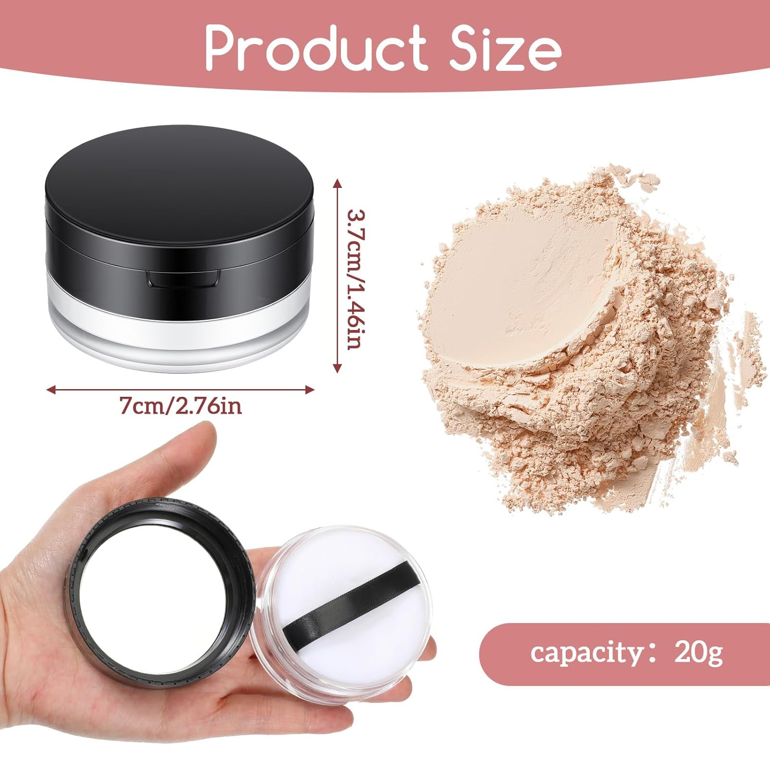 20g (0.7 oz) No Leaks Empty Reusable Plastic Loose Powder Container, Portable DIY Makeup Powder Container Compact Case Plastic Cosmetic Jars with Sponge Powders Puff Elasticated Net Sifter (Black)
