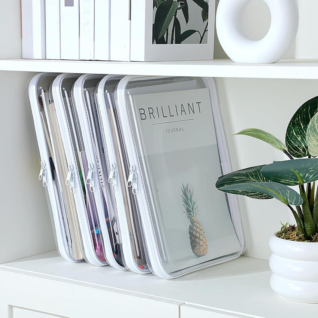 Sanwuta 6 Pcs Clear Hard Zipper Case Hard Plastic Zipper Pouches Transparent Makeup Bag Pencil Pouches for Travel Snacks Christmas Trinket Storage Organizer Box(White,12.6 x 9 x 2 Inch)