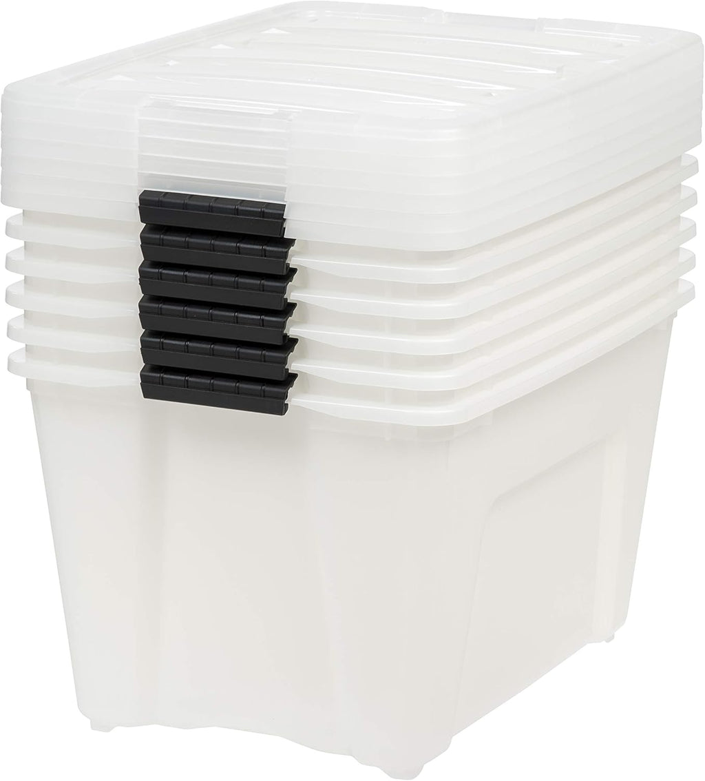 IRIS USA 54 Qt Stackable Plastic Storage Bins with Lids, 6 Pack - BPA-Free, Made in USA - Discreet Organizing Solution, Latches, Durable Nestable Containers, Secure Pull Handle - Pearl
