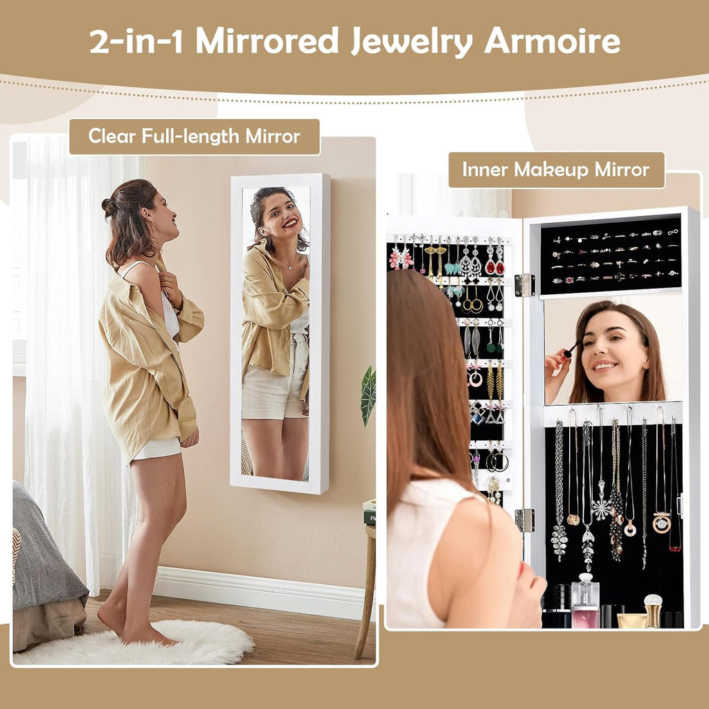 HAPPYGRILL Wall Mounted Jewelry Cabinet with Full Length Mirror, Over The Door Jewelry Organizer w/Built-in Makeup Mirror, Storage Shelves, Door Mounted Jewelry Armoire for Women, Girls(White)