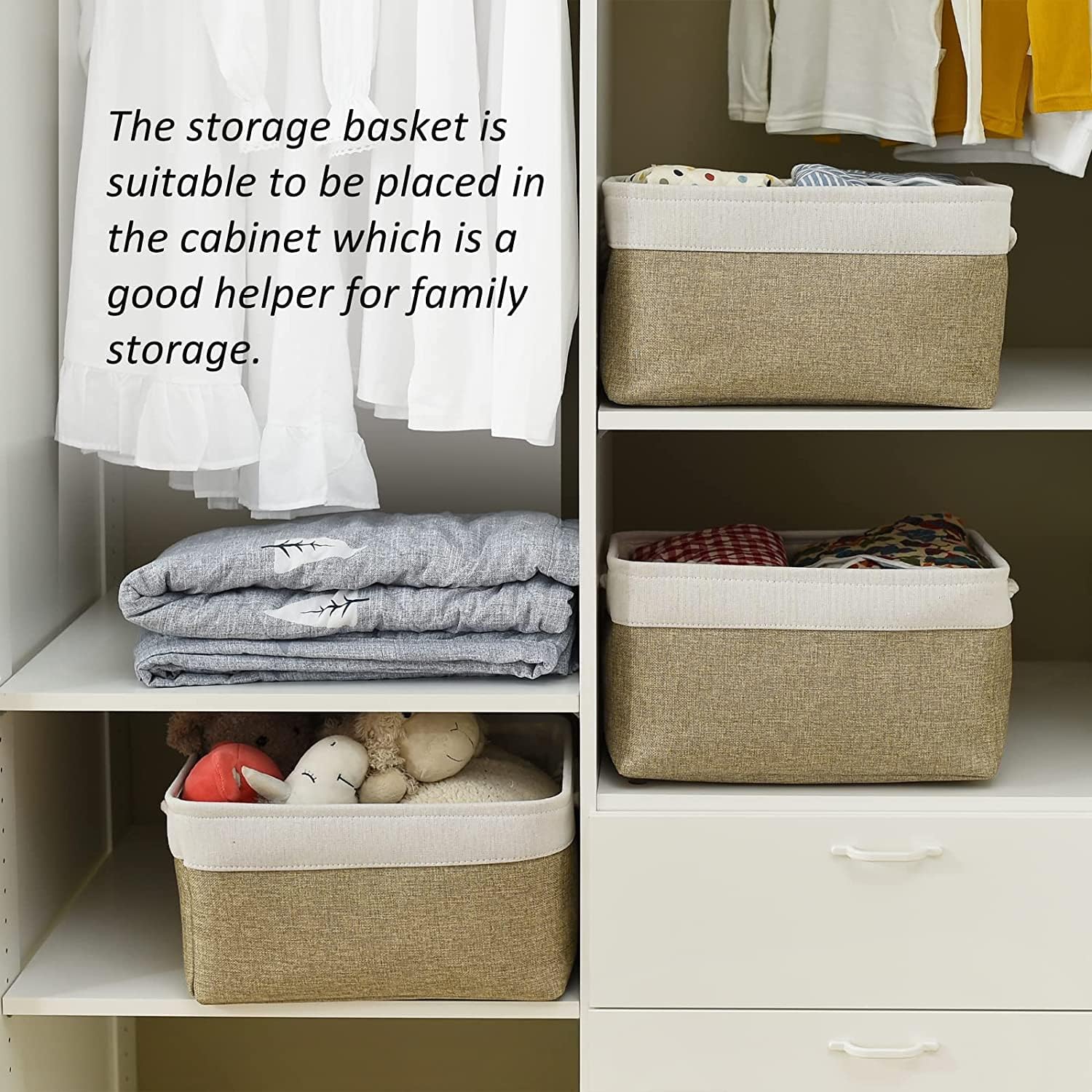 TcaFmac Storage Basket for Organizing - Large 4 Pack Fabric Storage Bins Baskets for Shelves, Foldable Storage Cubes for Closet Cloth Toy Box Gift Organizer(White & Khaki16x12x8 inch)