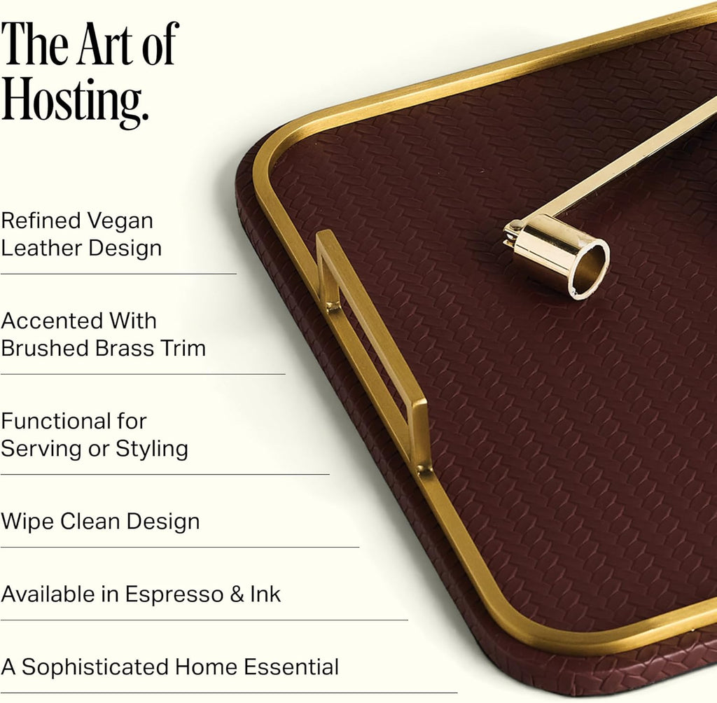 Preston Lane Mayfair Decorative Tray – Vegan Leather with Woven Texture, Brushed Brass Handles – Serving, Dresser & Coffee Table Tray, Espresso