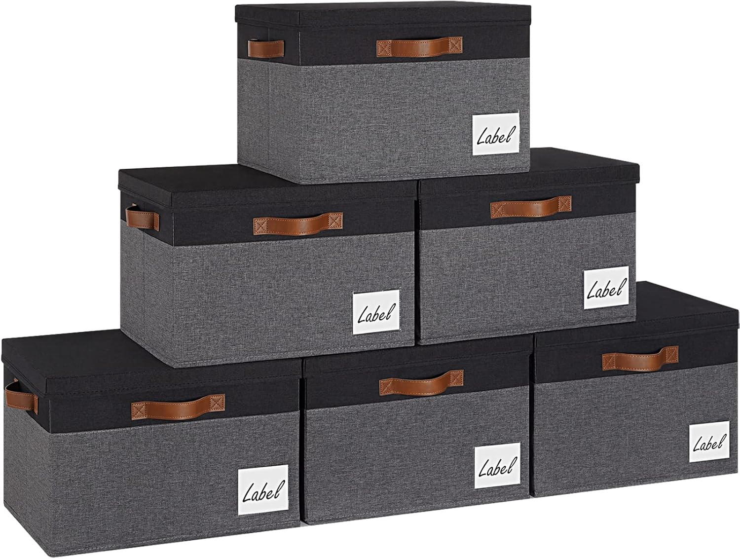 GhvyenntteS Storage Bins with Lids 6 Pack, Large Storage Baskets with Lid and 3 Handles, Foldable Fabric Storage Boxes with Lid and Label for Home Office (Grey&Black, 15" x 11" x 9.7")