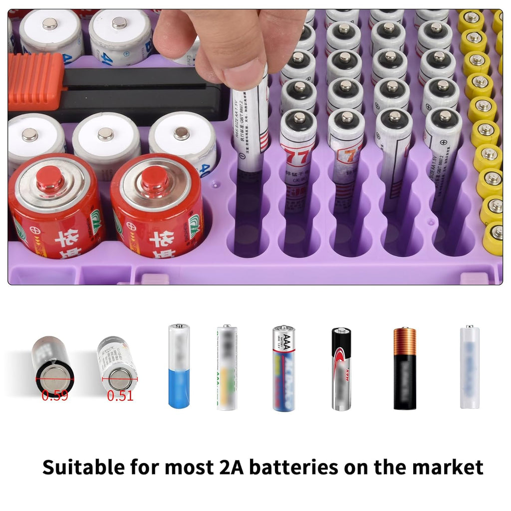 Battery Organizer Storage Case with Tester Checker. Batteries Holder Box Container for 120+ AA AAA 9V C D Lithium CR2025 CR1632 CR2032 Coin Cell Battery with Wall-Mounted Design -Purple