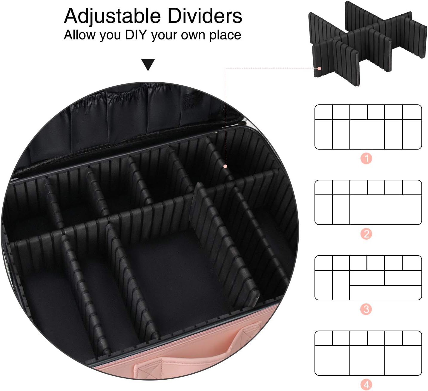 Relavel Makeup Case Large Makeup Bag Professional Train Case 16.5 inches Travel Cosmetic Organizer Brush Holder Waterproof Makeup Artist Storage Box, 3 Layer Large with Adjustable Strap (Pink)