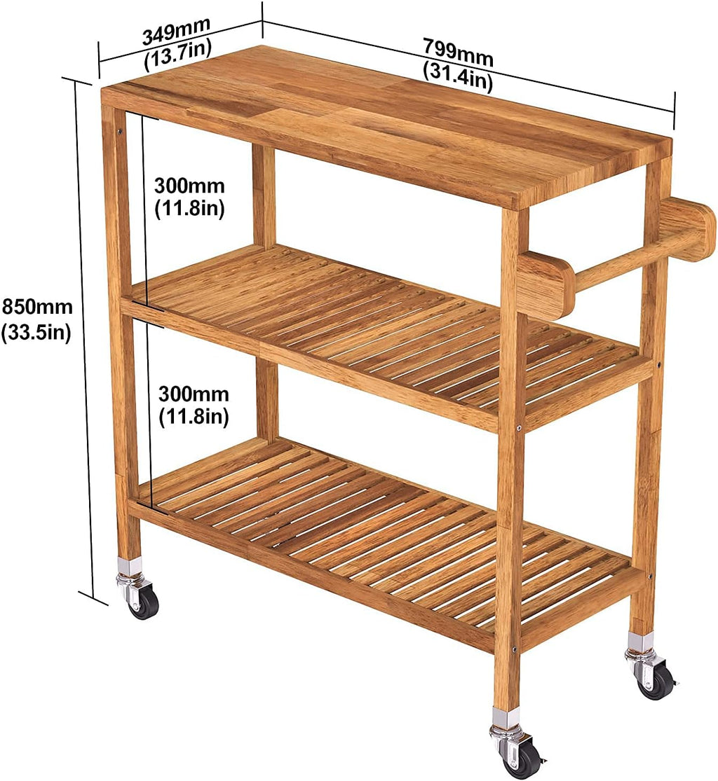 Interbuild 3 Tier Acacia Hardwood Kitchen Cart Portable Rolling Trolley Cart Kitchen Storage Utility Cart with Towel Rack (Golden Teak)