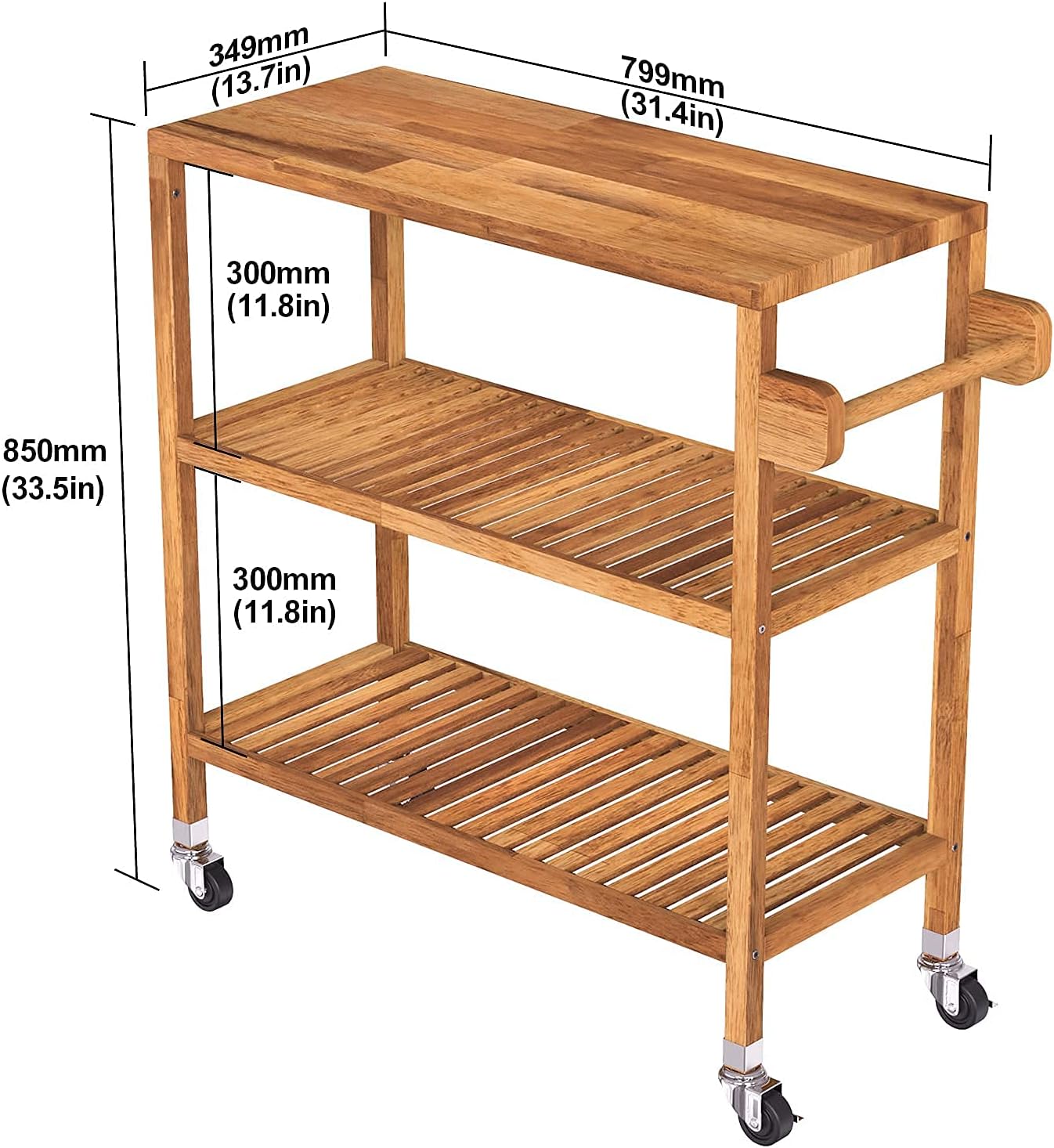 Interbuild 3 Tier Acacia Hardwood Kitchen Cart Portable Rolling Trolley Cart Kitchen Storage Utility Cart with Towel Rack (Golden Teak)