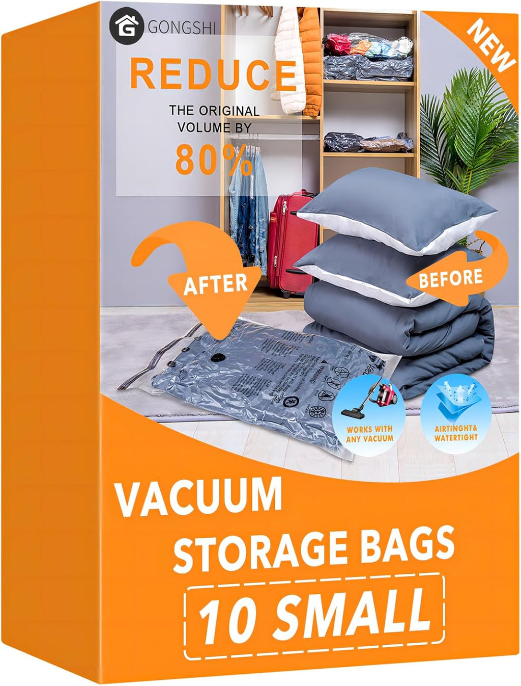 10 Small Vacuum Storage Bags, Space Saver Sealer Compression Bags for Blankets, Comforters, Pillows, Clothes Storage