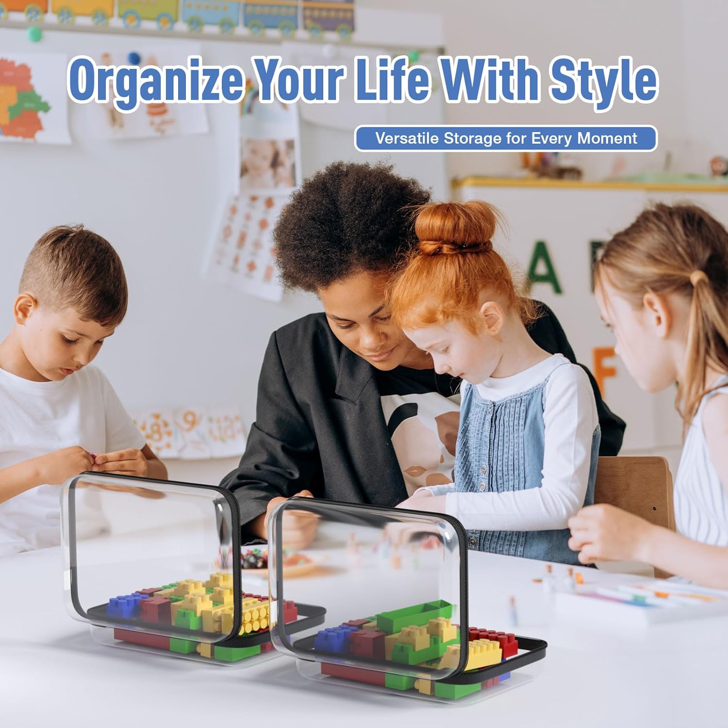 4Pcs Clear Hard Shell Zipper Case, BIiss Plastic Bins for Organizing, Clear Zipper Pouches Makeup Case & Lidded Storage Bins Organizer for Storage Cosmetics, Puzzles, 8.7 x 6.3 x 2.4 Inch