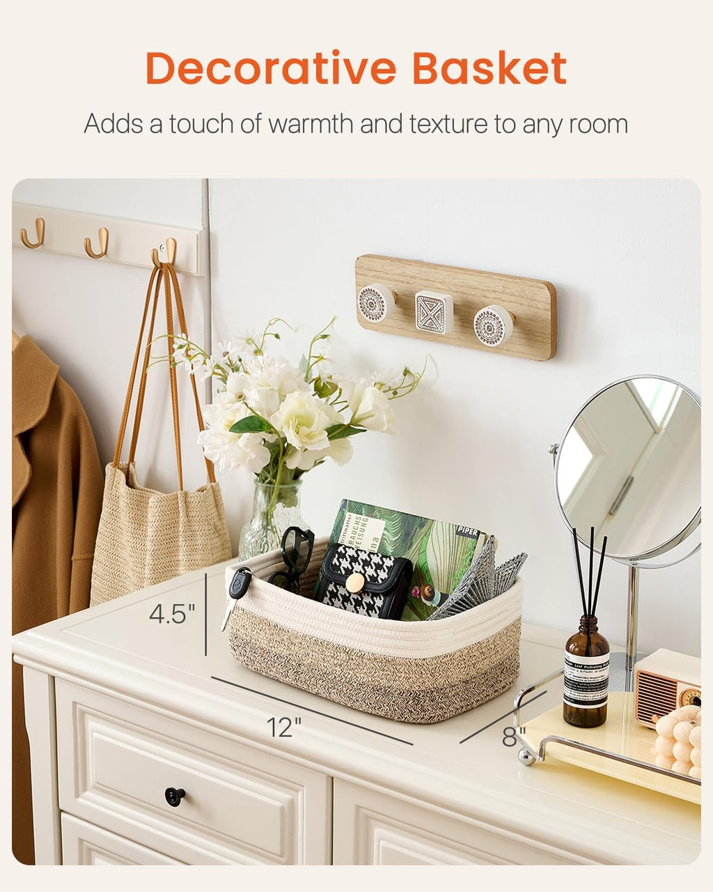 Small Woven Basket, 12 x 8 x 4.5 Inches, Storage Basket for Organizing, Cute Small Rope Shelf Closet Cube Storage Bins Baskets for Shelves, Dog Toy Gift Baskets Empty, 3 Pack Gradient Brown