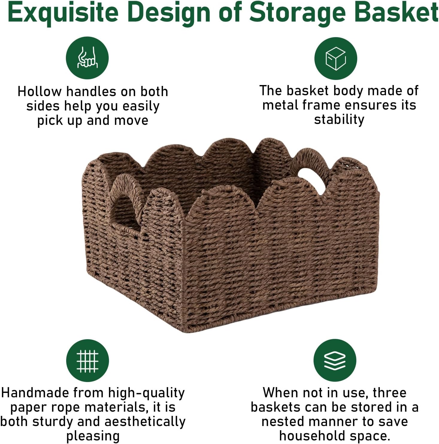 OIAHOMY Scalloped Wicker Baskets, Hand-woven Storage Baskets with Built-in Handles, Paper Rope Shelf Baskets for Organizing and Decoration, Set of 3-Brown