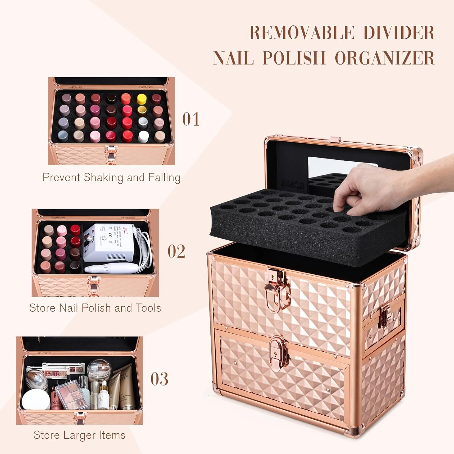 Makeup Train Case Professional Makeup Organizer Case with Drawer Mirror Extra Large Makeup Manicure Accessory with Dividers Travel Cosmetic Case for Cosmetologist Nail Tech Kits Makeup Case Rose Gold