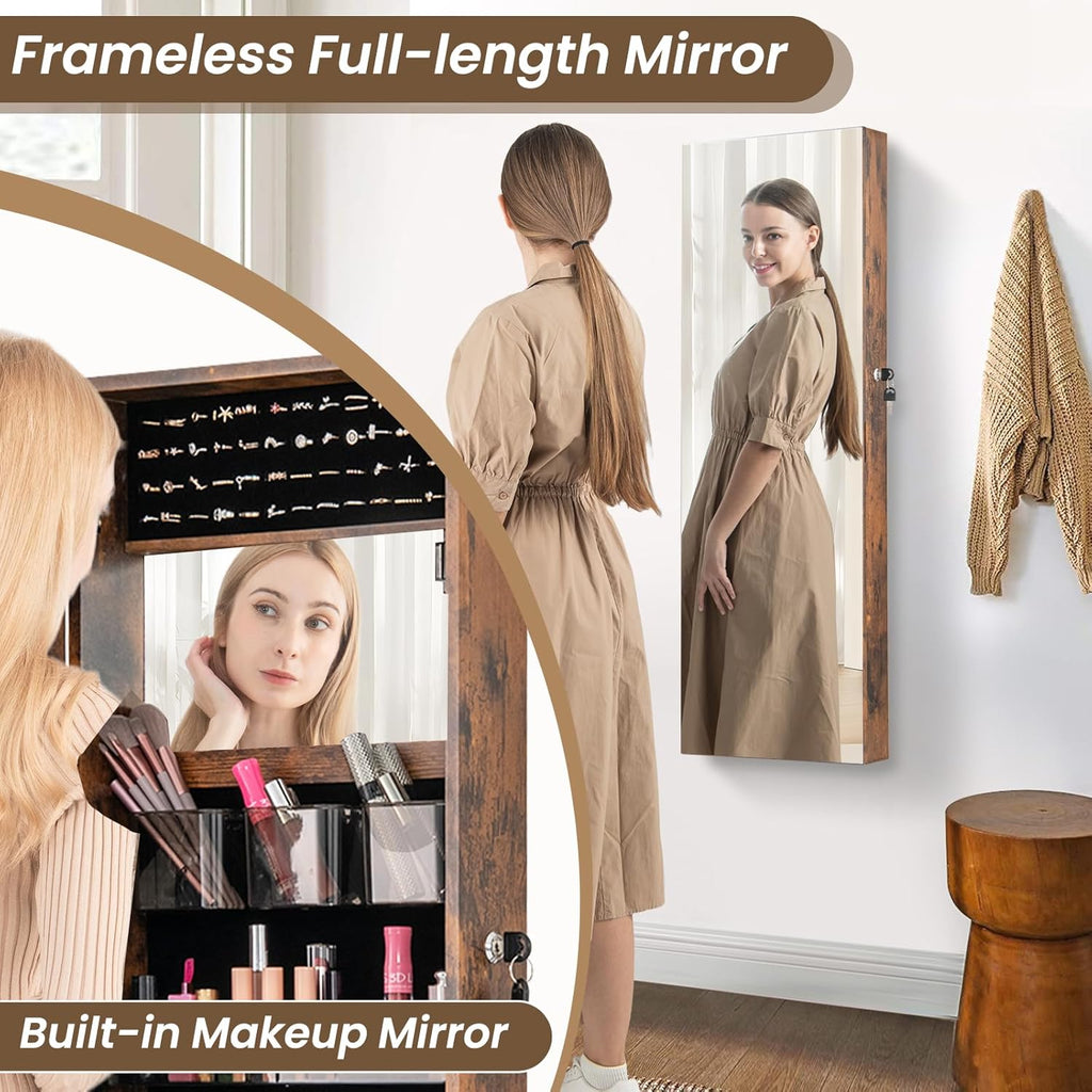 CHARMAID Jewelry Cabinet Wall or Door Mounted, Hanging Lockable Jewelry Armoire Storage with Full Length Mirror, Interior Makeup Mirror, Over the Door Jewelry Organizer Box with Mirror (Rustic Brown)