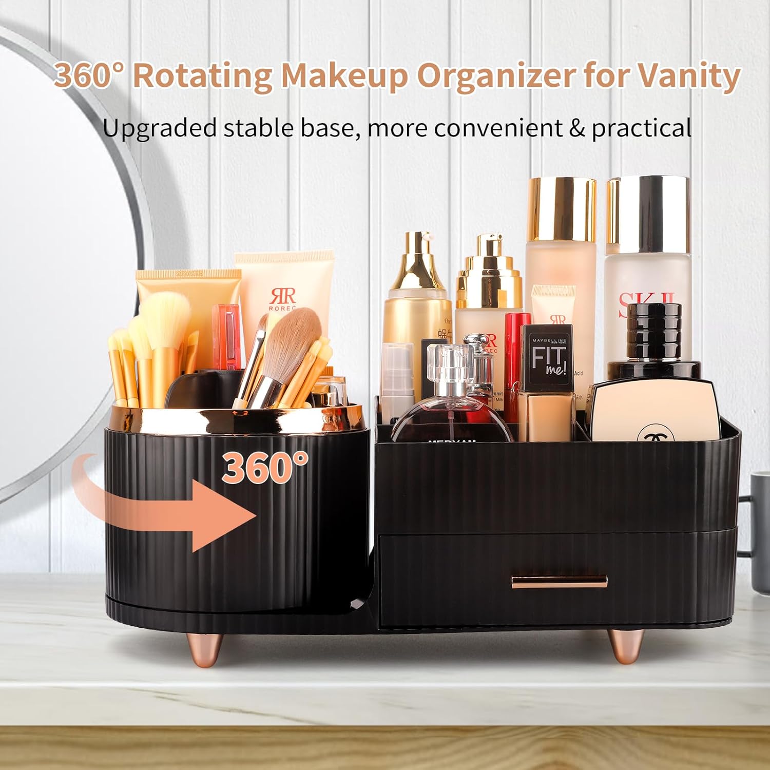 Makeup Organizer for Vanity, Cosmetic Display Case with Drawers, Fits Makeup, Skincare Products, Brushes, Lipsticks, and Other Accessories, Versatile Storage Solution (Black)