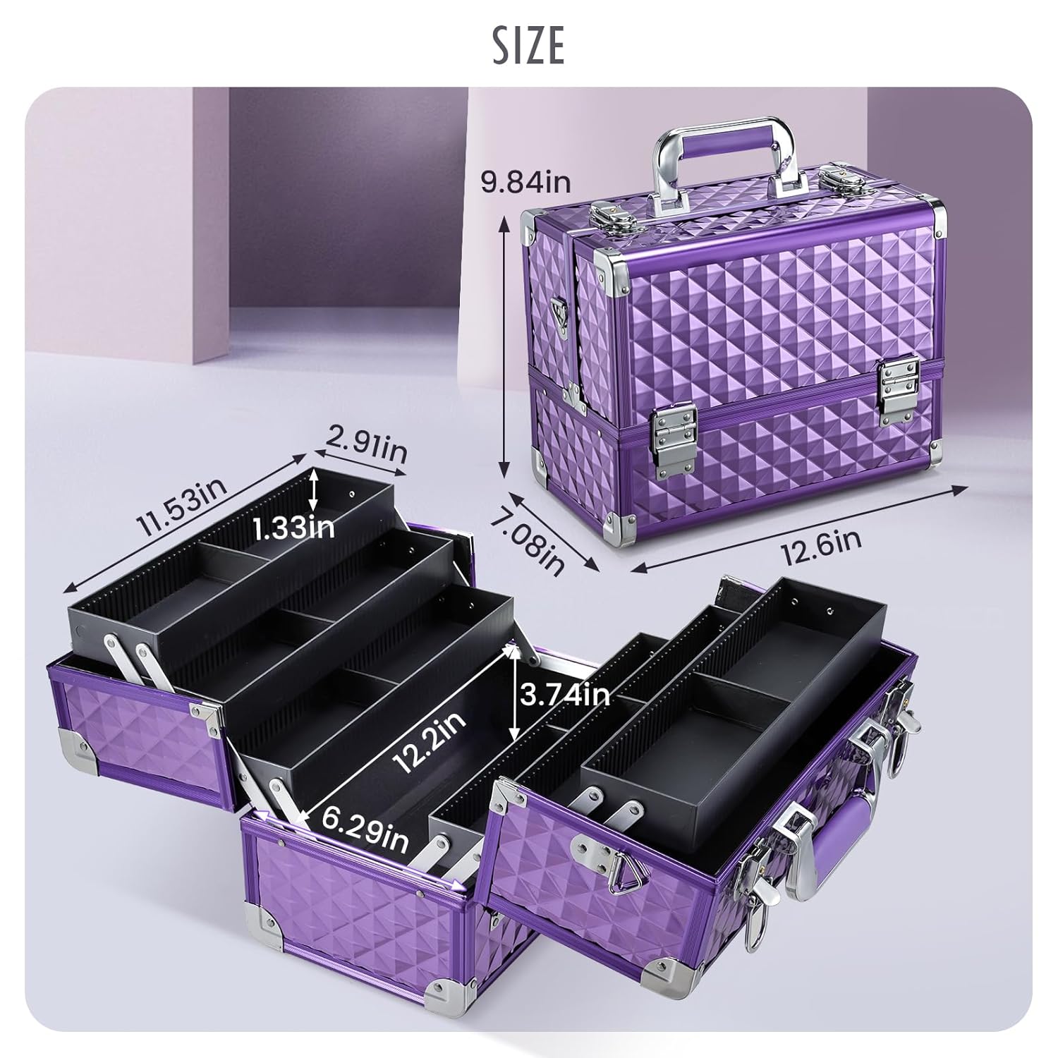 FRENESSA Makeup Train Case Makeup Case 12.6 Inch Large Cosmetic Box Organizer Travel Storage Professional Make Up Train Carrying Case with 6 Trays Locking Shoulder Strap Hard Vanity Storage Purple
