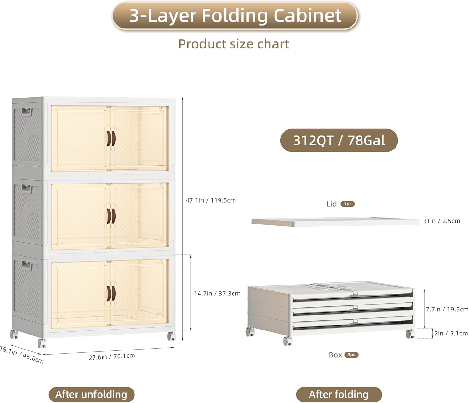 312 QT / 78 Gal Large Foldable Stackable Plastic Storage Cabinet with Double Magnetic Doors, Leather Handles & 4 Wheels - Organize Home, Office, Closet