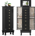 Giantex Standing Jewelry Cabinet with 7 Drawers, Flip-Top Mirror, 2 Side Doors with 12 Necklace Hooks, Divided Ring Compartments, Velvet-Lined Jewelry Armoire Organizer Chest (Black)