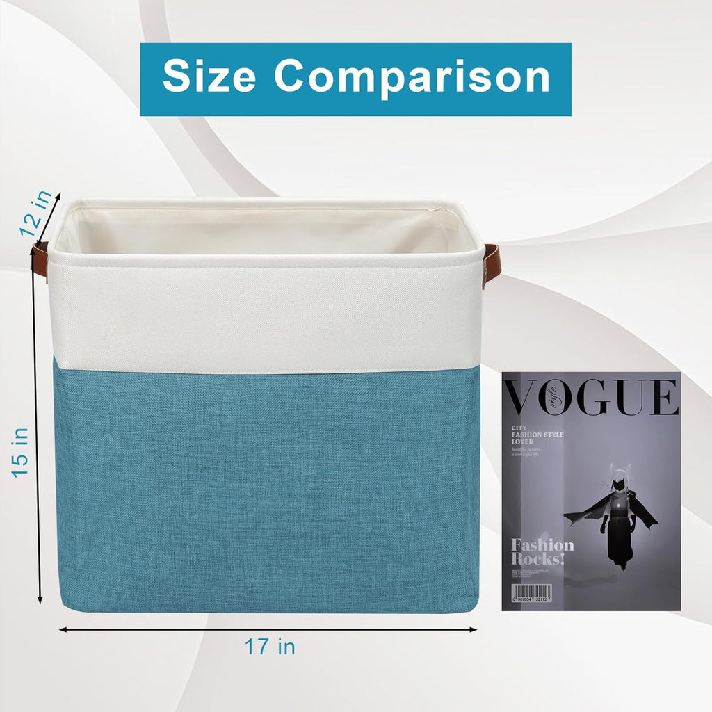 Large Fabric Storage Baskets | 50L Storage Bins, Decorative Linen Closet Baskets with Handles for Organizing, Shelf, Toys, Clothes, Home, Office, Nursery, 17x12x15Inches (Teal&White)