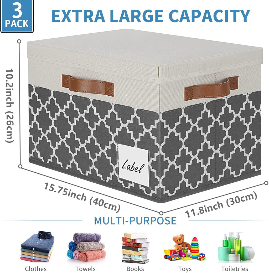 GhvyenntteS Extra Large Storage Bins with Lids, Foldable Fabric Storage Boxes with Lids and 3 Handles, Storage Baskets with Label for Home Office (3 Pack, White&Lattice Grey, 15.75x11.8x10.2)